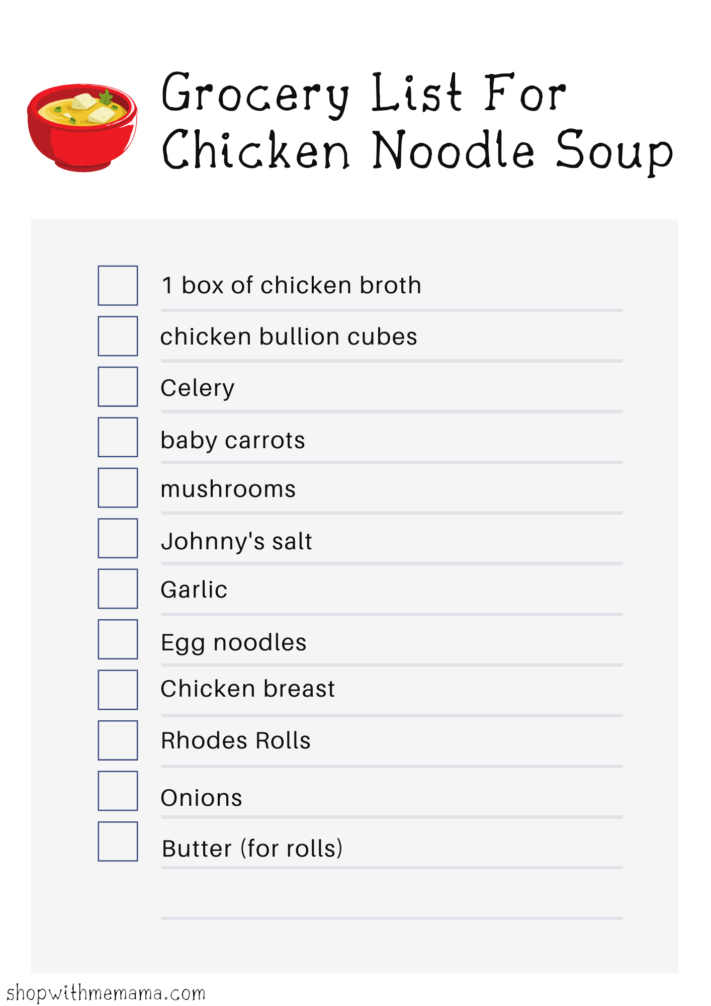 Chicken noodle soup grocery list printable