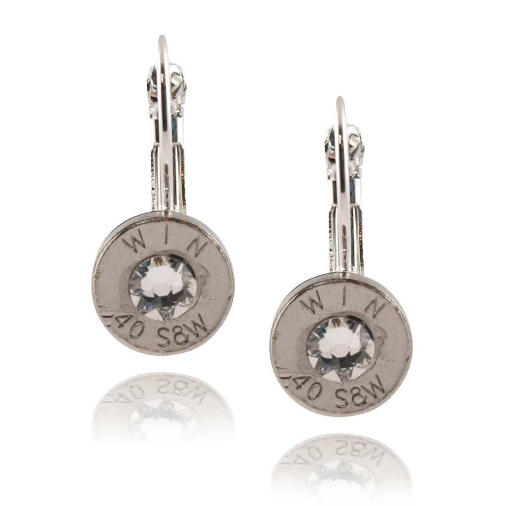 40 Caliber Bullet Leverback Earrings, Silvertone with Clear Accents