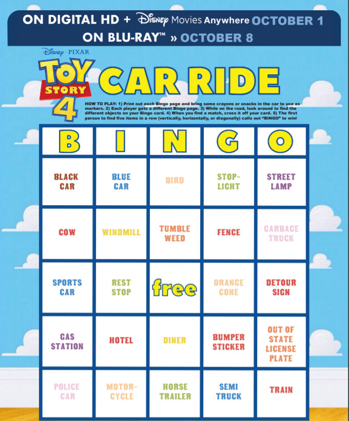 Toy Story 4 Car Ride Bingo Game