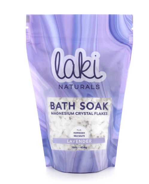 Laki Naturals LAVENDER BATH SOAK: Turn bath time into a restorative ritual with Laki Naturals therapeutic Bath Soaks. Our special blend of Zechstein magnesium flakes and Hawaiian sea salt will reduce stress, promote sleep, and soothe achy muscles! Lavender - A calming, herbal blend with a touch of sweetness.