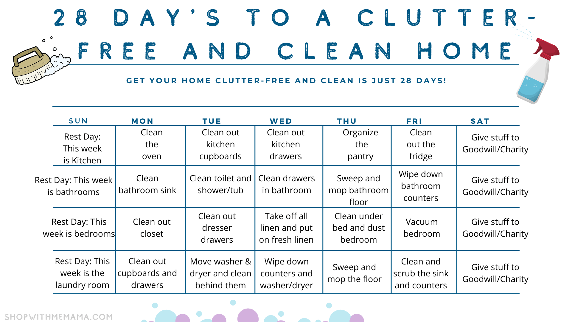 28 days to a clutter free and clean home printable