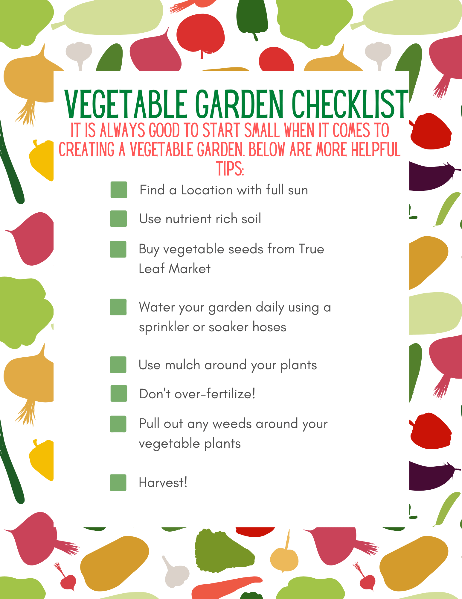 how to grow a vegetable garden checklist printable
