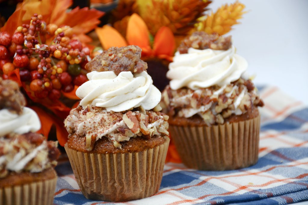 Pecan Pie Filling Topped on Pumpkin Cupcakes