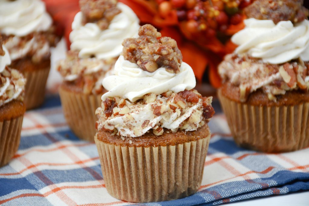 Pecan Pie Filling Topped on Pumpkin Cupcakes