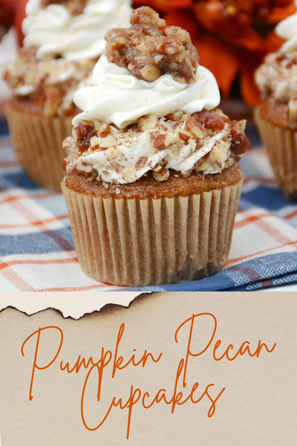 Pecan Pie Filling Topped on Pumpkin Cupcakes