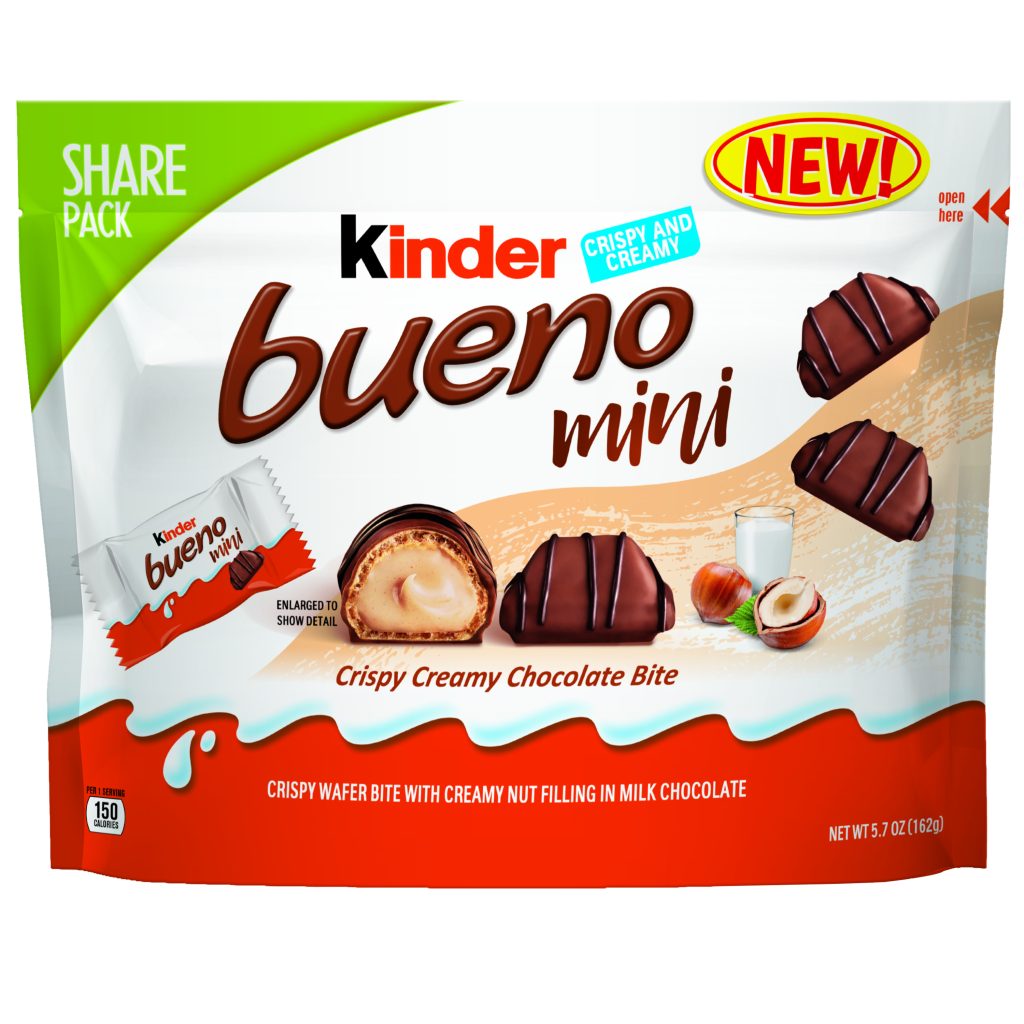 Kinder Bueno® Mini Holiday Packaging: delicious, individually wrapped, single bite size pieces of our popular Kinder Bueno® chocolate bar in festive winter packaging.