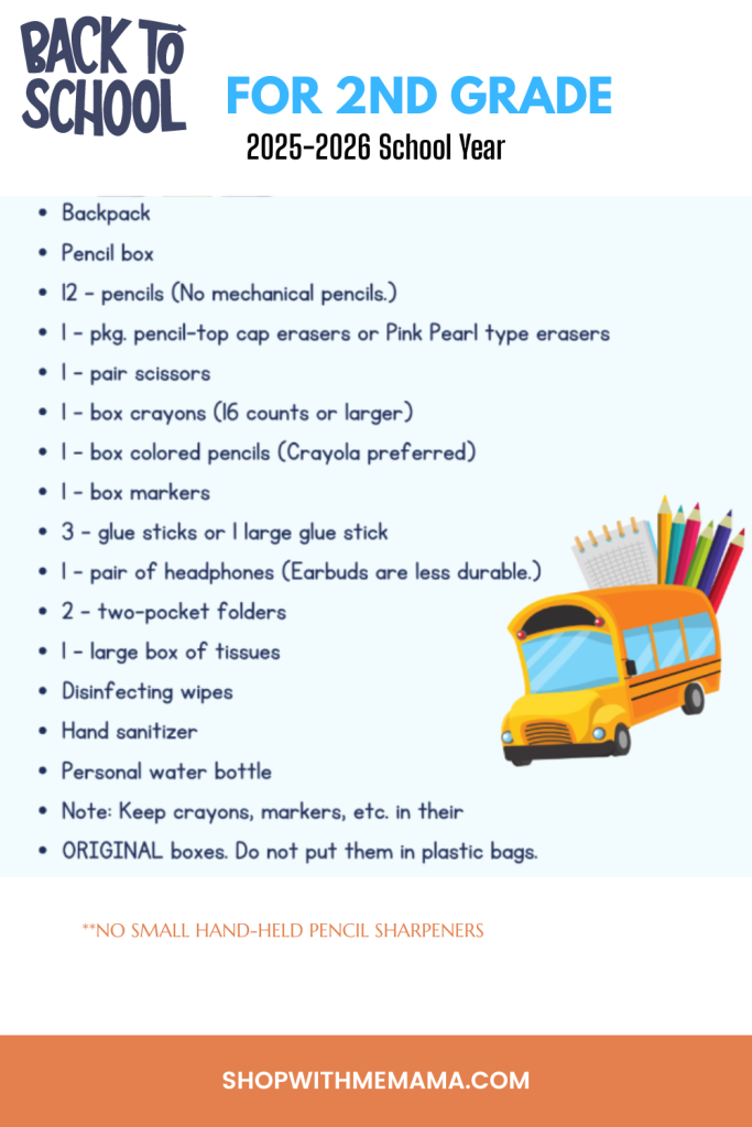 2nd Grade Back To School List