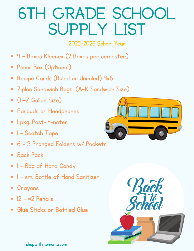 6th Grade Back To School List