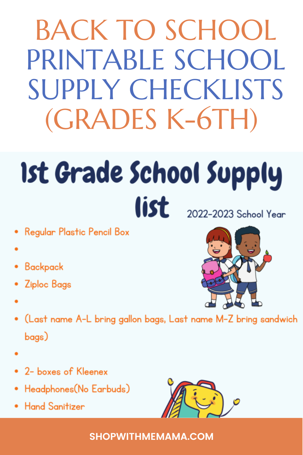 Back to School Printable school supply list for grades k-6