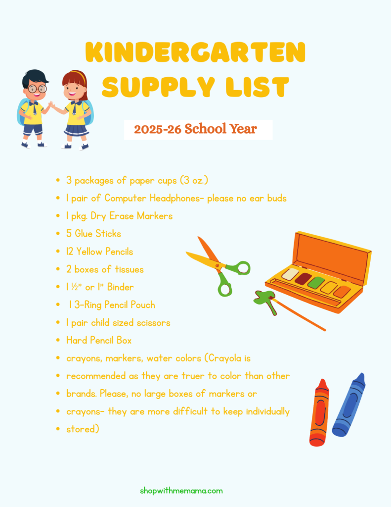 Kindergarten Back To School Supply List