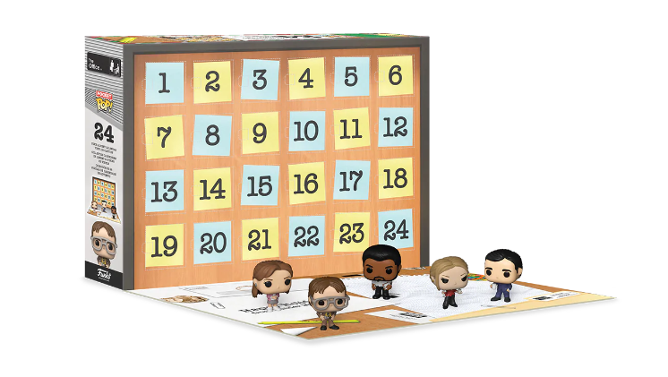 Funko ADVENT CALENDAR THE OFFICE HOLIDAY: Commemorate and collect some of your favorite memories and coworkers from The Office with the Funko The Office Advent Calendar. Which character will you get each day? Maybe you'll find Dwight or Jim, there's 24 awesome Pocket Pop vinyl figures to open up! Vinyl figures range in height, depending on character, from approximately 1.5-inches to 2.25-inches tall.