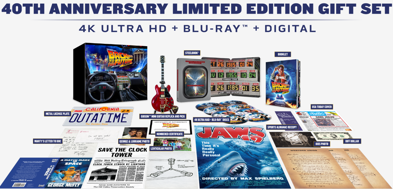 Back To The Future 40th Anniversary limited edition gift set! It includes all three movies in 4K Ultra HD, Blu-ray, and Digital, plus some awesome extras like a Flux Capacitor SteelBook case, a mini Gibson guitar replica, an OUTATIME license plate, a visual history booklet, and a bunch of replica items from the Universal archives!
