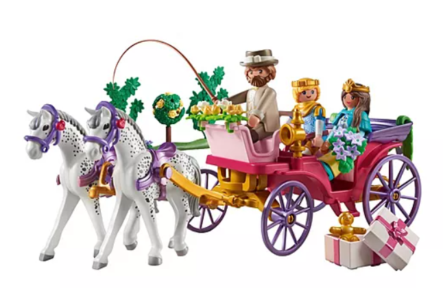 PLAYMOBIL Carriage Ride (PLAYMOBIL | Ages 4-10 | MSRP $39.99 | Playmobil.com & Amazon) Take a seat in the elegant carriage where the prince and princess relax in the back while the coachman leads the journey. Adorn the horses' harness with charming hearts before embarking on a romantic ride along a picturesque promenade. Hidden in the carriage is a gift box with a noble present for the royal couple. Enjoy enchanting storytelling with this magical PLAYMOBIL Carriage Ride set.