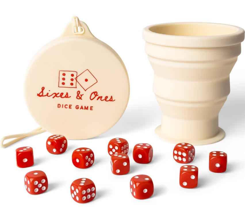 Sixes & Ones (Vango Toys | MSRP $12.99 | Ages 5+ | Target): A revival to the classic game of dice. This portable game includes six curated games all in one expandable rolling cup, transforming any surface into a play space, whether you're beachside, at a coffee shop, or on a plane. Designed for 2 or more players.