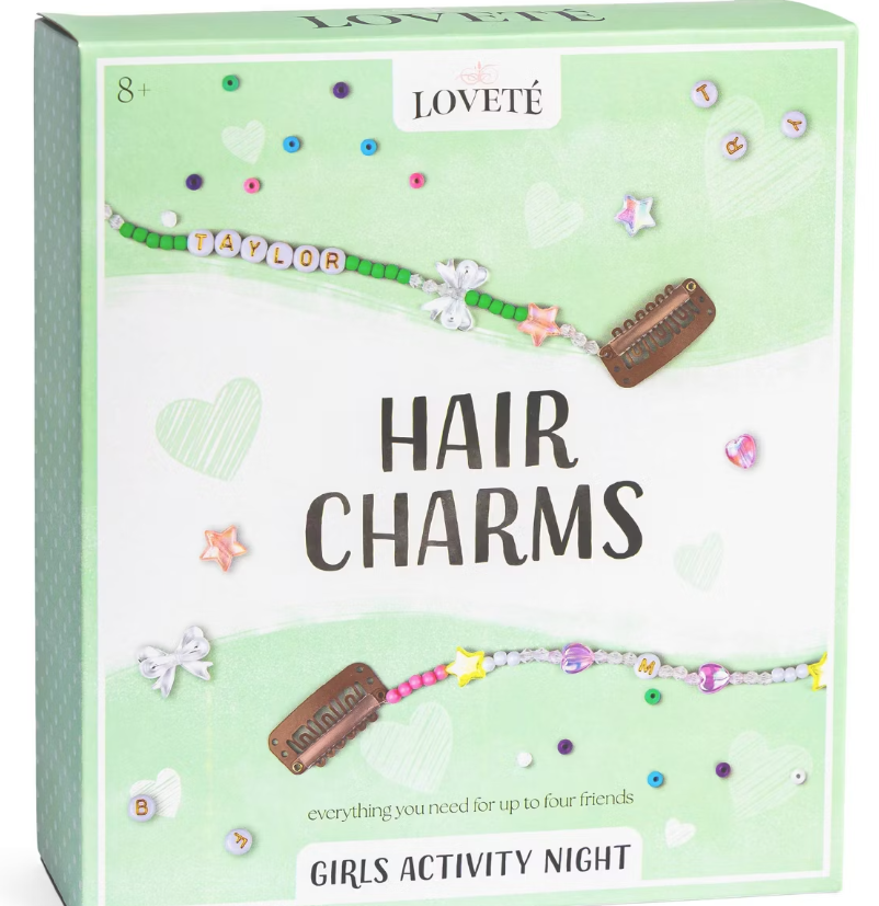 Loveté Girls Activity Night: Hair Charms (Vango Toys | MSRP $12.99 | Ages 8+ | Target) Girls’ night just got even more stylish with the Loveté Girls’ Activity Night: Shoe Charms Edition from Vango Toys! Designed for four friends, this set lets you customize your kicks with adorable shoe charms, cute laces, and fun transfer stickers. Switch up your style by swapping out shoelaces, adding charms to loops, and personalizing with easy-to-apply transfers.