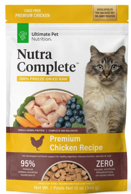 Nutra Complete™: Premium Chicken Recipe Adult Cat Food 100% Freeze-Dried Raw! Nutra Complete™ Premium Chicken Recipe Adult Cat Food is a complete and balanced veterinarian-developed blend of protein-packed chicken, seeds, minerals, fruits, vegetables, and vitamins — freeze-dried raw for maximum nutrition and flavor. Each delicious bite contains hand-selected ingredients that align with a cat’s natural diet and help support healthy digestion, a thick coat, healthy immune function, and overall health and happiness.